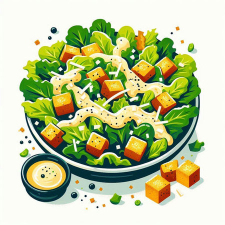 Salad with lettuce, cheese and sesame seeds. Vector illustration.のイラスト素材