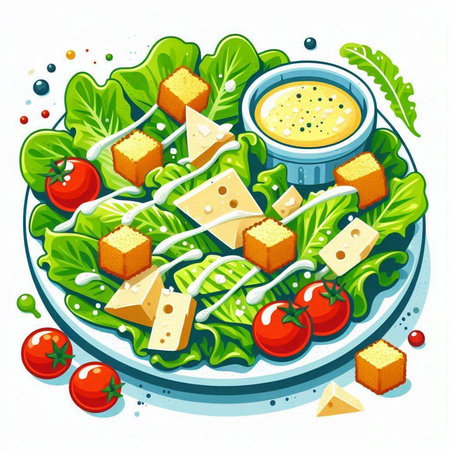 Salad with cheese, tomatoes and croutons. Vector illustrationのイラスト素材