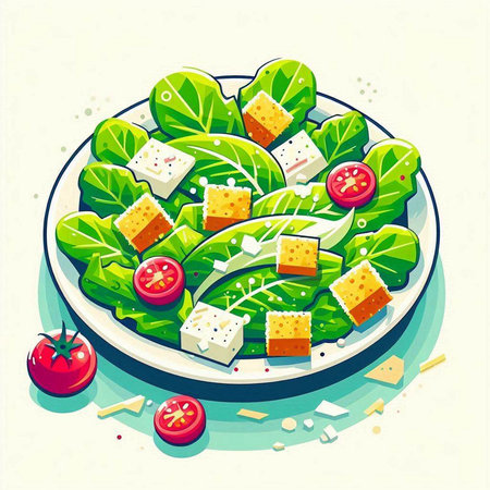 Vector illustration of salad with cheese, tomato, lettuce and fetaのイラスト素材