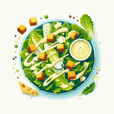Salad with croutons, lettuce, cheese and sauce. Vector illustration.のイラスト素材