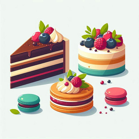 Colorful macaroons and cakes with berries. Vector illustration.のイラスト素材