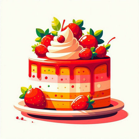 Strawberry cake with whipped cream and fresh berries. Vector illustrationのイラスト素材