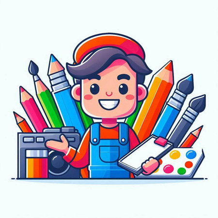 Cute cartoon artist with color pencils and camera. Vector illustration.のイラスト素材