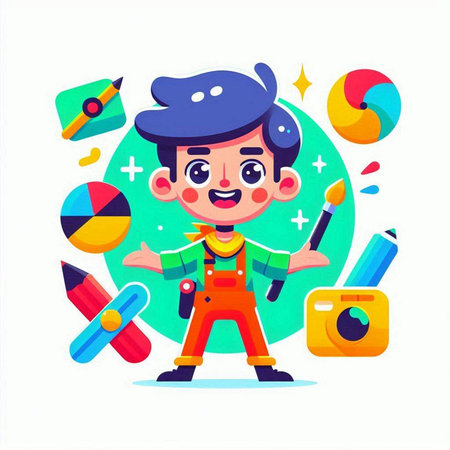 Cute Little Boy Playing with Different Items. Vector Illustration.のイラスト素材