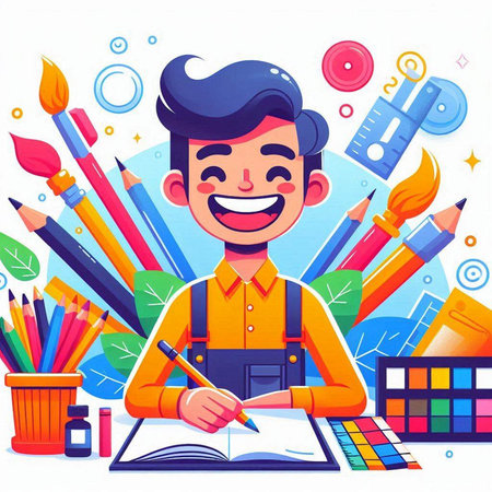 Cartoon vector illustration of happy smiling artist with colorful pencils, paints, brushes and palette. Art and creativity conceptのイラスト素材