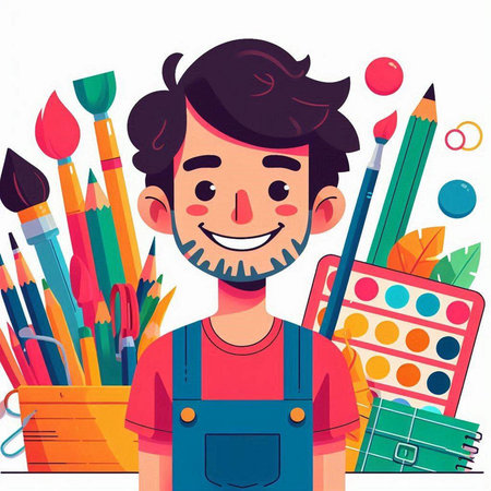 Vector illustration of a happy smiling schoolboy with pencils, paints and brushesのイラスト素材