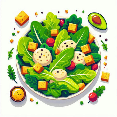 Salad with cheese, lettuce, tomato and greens. Vector illustrationのイラスト素材