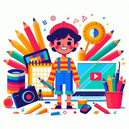 School boy with colorful pencils. Back to school concept. Vector illustrationのイラスト素材