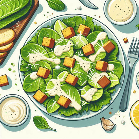 Salad with croutons, lettuce, cheese and sauce. Vector illustrationのイラスト素材