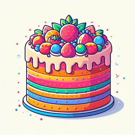Birthday cake with berries and sweets. Vector illustration in cartoon style.のイラスト素材