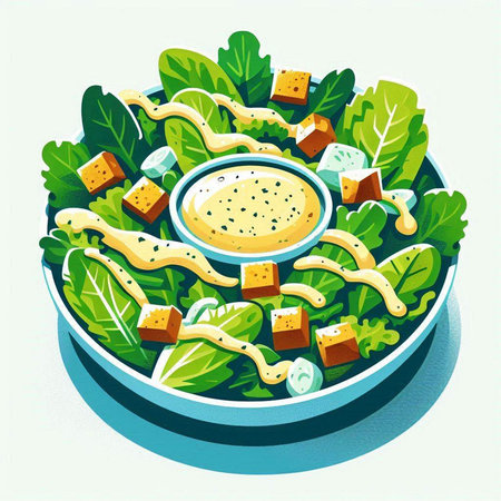 Illustration of salad with cheese, lettuce, olive oil and sauceのイラスト素材