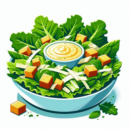 Illustration of a bowl of salad with hummus and croutonsのイラスト素材