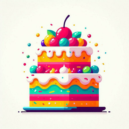 Colorful birthday cake with cherry and marmalade. Vector illustration.のイラスト素材