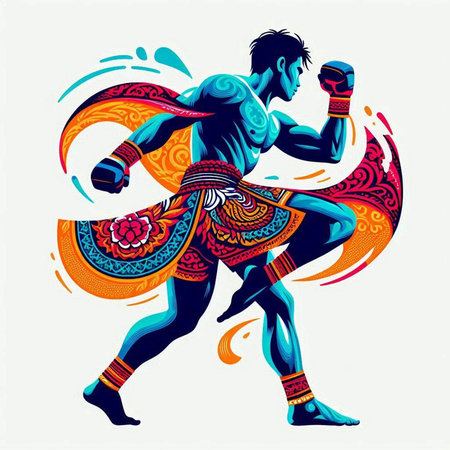 Colorful vector illustration of a man boxing in indian style.のイラスト素材