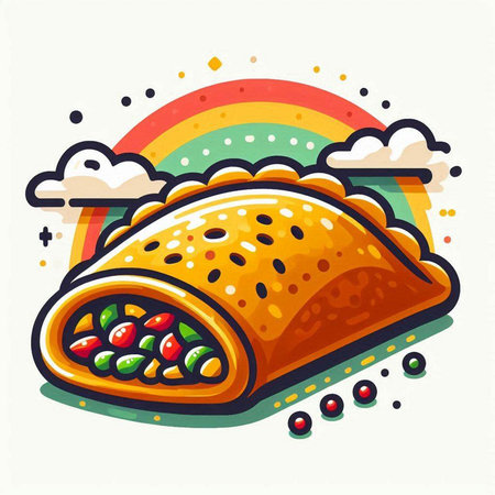 Vector illustration of a traditional Mexican burrito on a rainbow background.のイラスト素材
