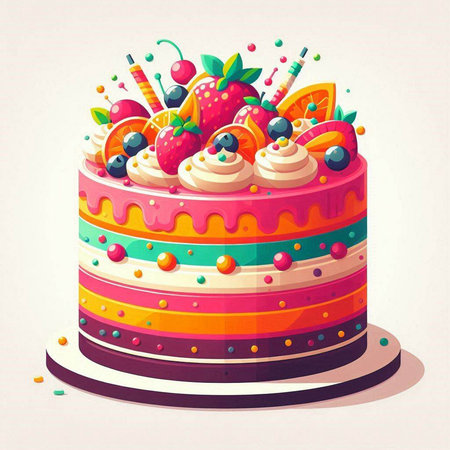 Birthday cake with cream, fruit and berries, vector illustration.のイラスト素材