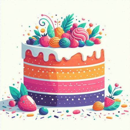 Birthday cake with candies, berries and sweets. Vector illustration.のイラスト素材