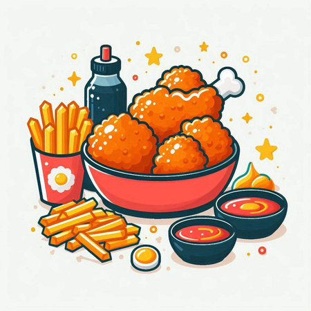 Fast food vector illustration with fried chicken nuggets, french fries and sauces in bowl.のイラスト素材