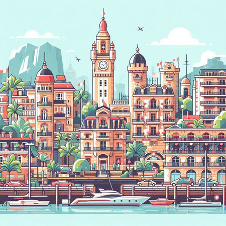 Vintage cityscape with buildings, boats and yachts. Vector illustrationのイラスト素材