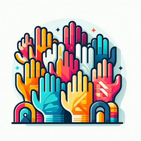 Multicolored vector illustration of hands raised up in the air.のイラスト素材