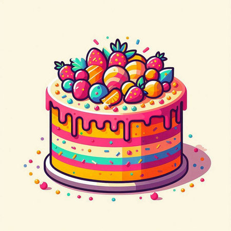 Birthday cake decorated with strawberries and cherries. Vector illustration.のイラスト素材