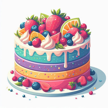 Birthday cake with berries. Vector illustration isolated on white background.のイラスト素材
