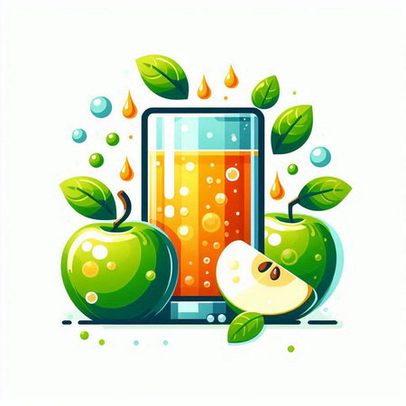 Apple juice in a glass with green apples and leaves. Vector illustration.のイラスト素材