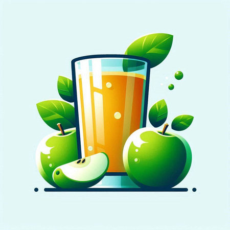 Glass of apple juice with green apples and leaves. Vector illustration.のイラスト素材