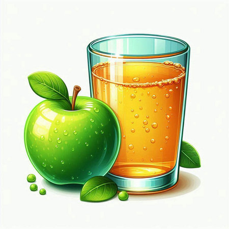 Glass of apple juice with green apple and green peas on white backgroundのイラスト素材