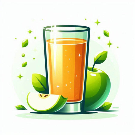 Glass of fresh juice with apple and green leaves. Vector illustration.のイラスト素材