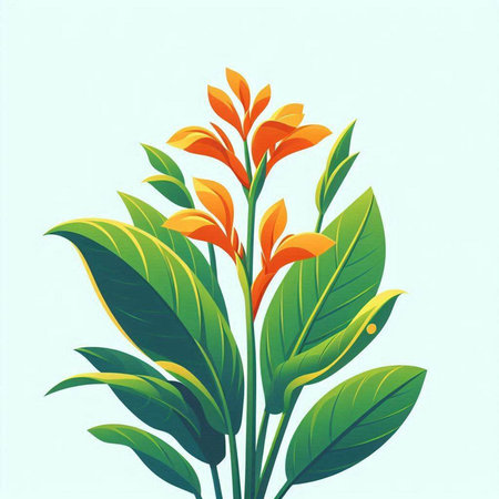 Illustration of a tropical plant with orange flowers and green leaves on a blue backgroundのイラスト素材