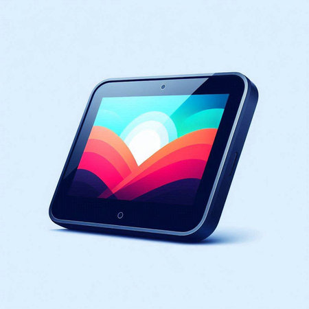 Tablet computer with colorful abstract screen on blue background. Vector illustration.のイラスト素材