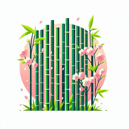 bamboo fence with flowers and leaves. vector illustration in watercolor styleのイラスト素材