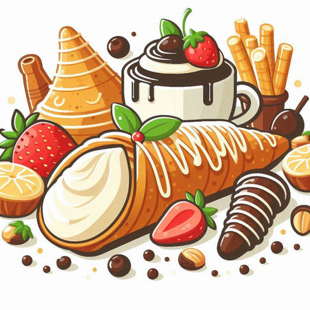 Vector illustration of a sweet roll with cream, chocolate, strawberries, wafer rolls, ice cream, waffle conesのイラスト素材