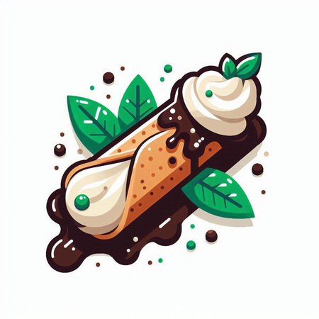 Vector illustration of chocolate ice cream with whipped cream and mint leaves.のイラスト素材