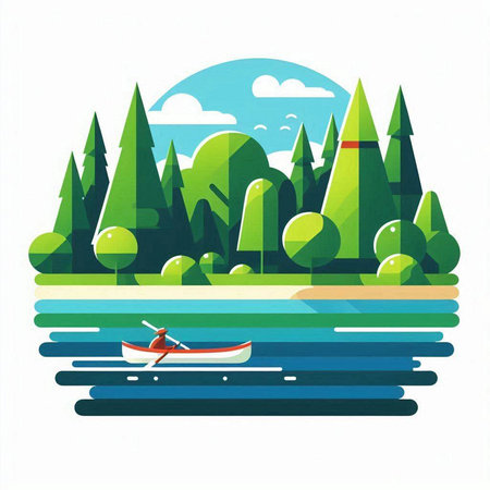 Beautiful landscape with a boat on the lake. Vector illustration.のイラスト素材