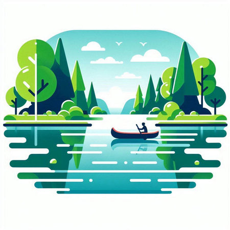 Illustration of a lake with trees and a man on a boatのイラスト素材