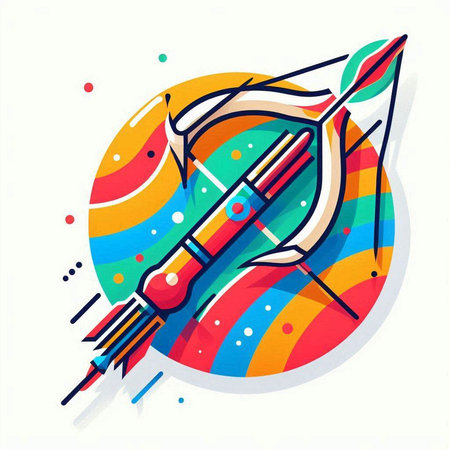 Colorful vector illustration of a bow and arrow on a rainbow background.のイラスト素材