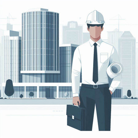 Engineer on the background of the modern city. Vector illustration.のイラスト素材