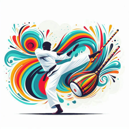 Vector illustration of a Karate man performing karate on colorful backgroundのイラスト素材
