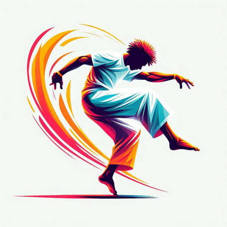 Illustration of an African American male dancer jumping with a colorful backgroundのイラスト素材