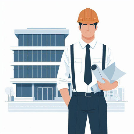 Architect on the background of a modern building. Vector illustration.のイラスト素材