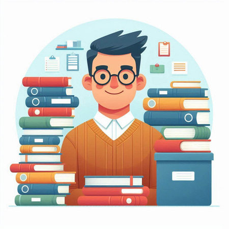 Student with pile of books. Vector illustration in flat cartoon style.のイラスト素材