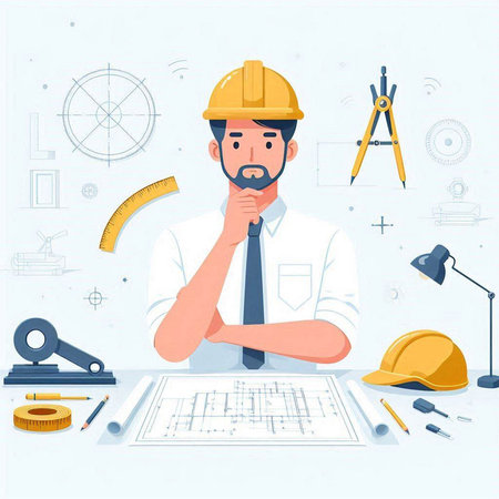 Architect working on construction project. Vector illustration in cartoon style.のイラスト素材