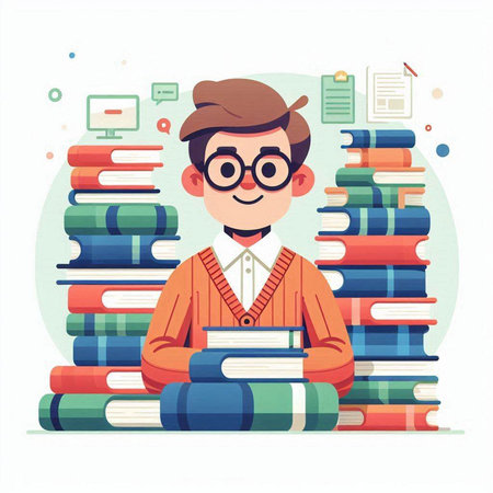 Cute boy in glasses sitting on a pile of books. Vector illustration.のイラスト素材