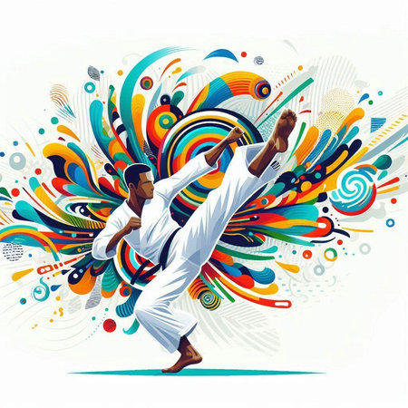 vector illustration of karate man and woman on abstract colorful background.のイラスト素材