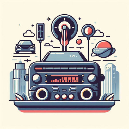 Vector illustration of a retro radio on the background of the city.のイラスト素材