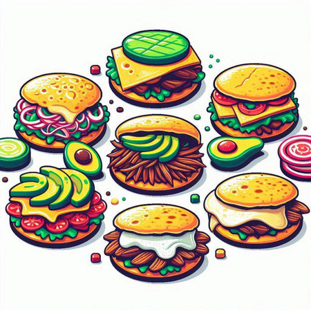 Set of hamburgers with different fillings. Vector illustration.のイラスト素材