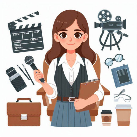 Cute young woman with camera, microphone and notebook. Vector illustration.のイラスト素材