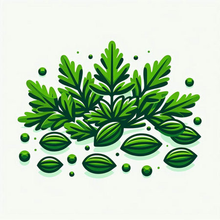 Illustration of green leaves and water drops on a white background.のイラスト素材